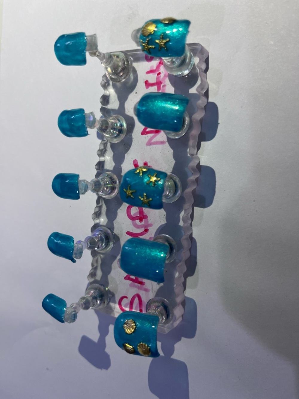 Blue Mermaid Press-On Nails with Gold Shell Accents